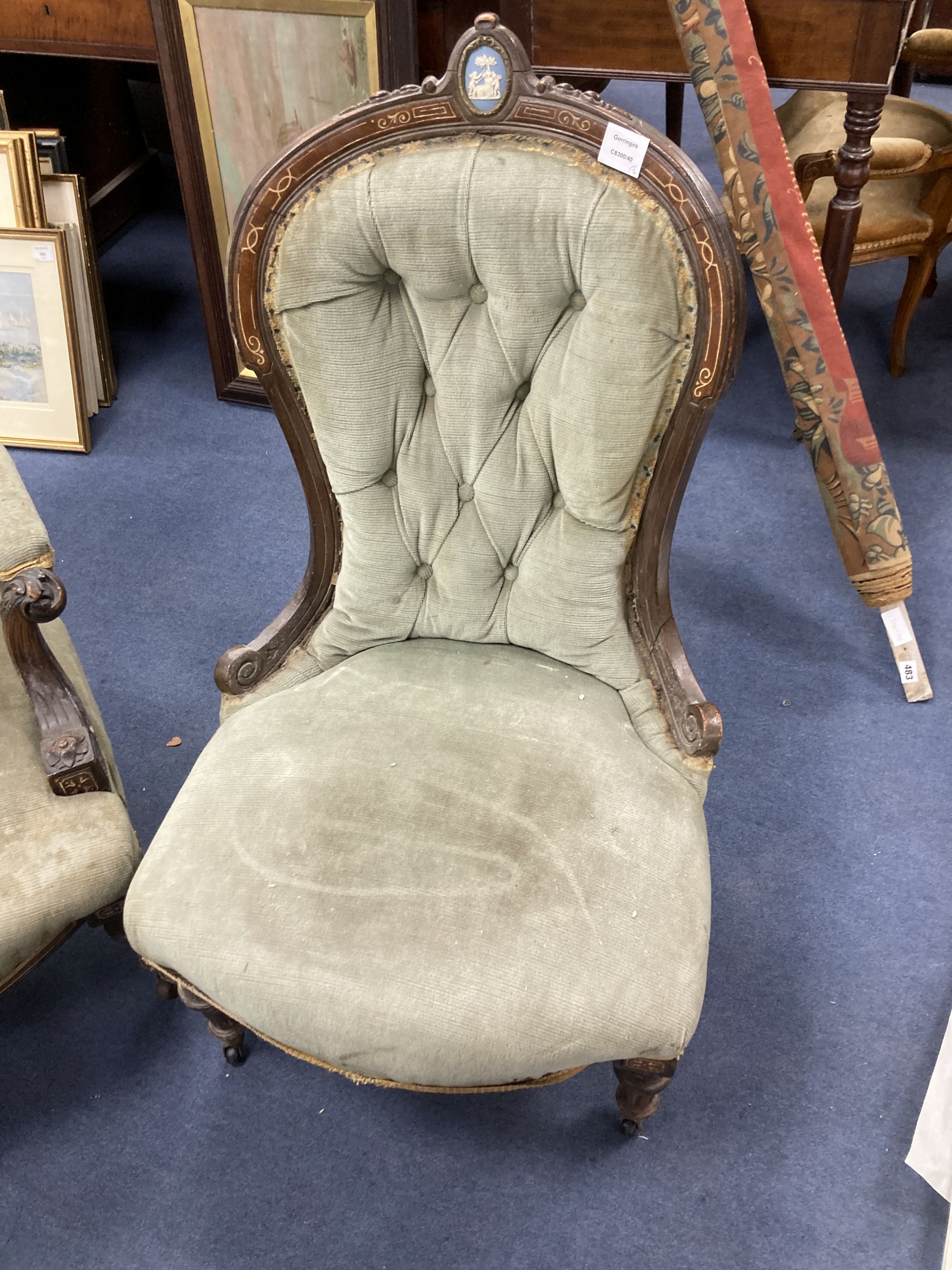 A pair of Victorian spoonback chairs, inset oval jasper plaques (one with arms)